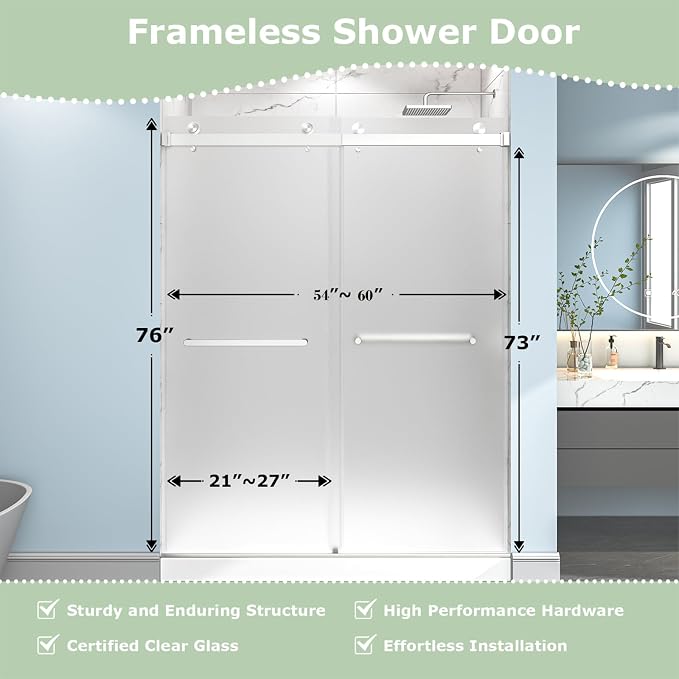 55"-60" W x 76" H Frameless Frosted Shower Door, Double Sliding Shower Door - Image 3