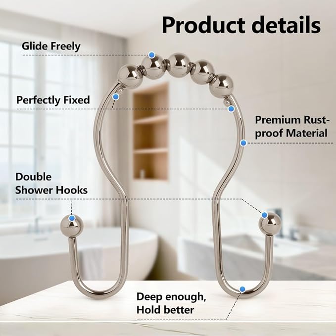 Double Shower Curtain Hooks, Sturdy Metal Nickel Shower Curtain Rings, Glide - Image 3