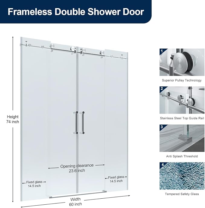 56-60" x 74" Double Sliding Shower Door, Frameless Shower Enclosure 5/16" Clear - Image 2