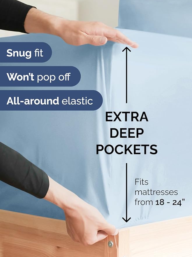 Extra Deep Pocket Twin XL Sheets - 3 Piece Breathable & Cooling Bed Sheets - Hotel Luxury Bed Sheet Set - Soft, Wrinkle Free & Comfy - Easily Fits Extra Deep Mattresses - Deep Pocket Sky Blue Sheets