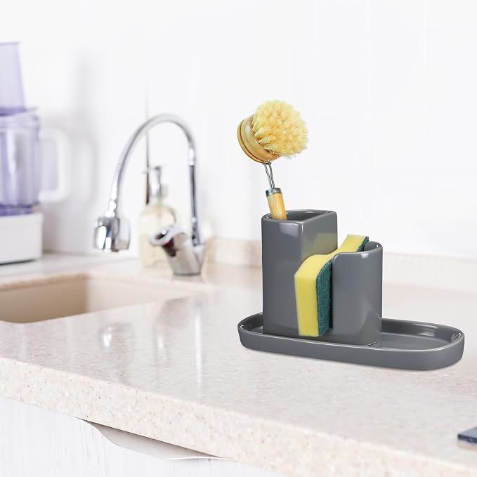 Geelin 3 in 1 Ceramic Kitchen Sink Caddy Dish Sponge Holder Scrub Brush Holder - Image 3