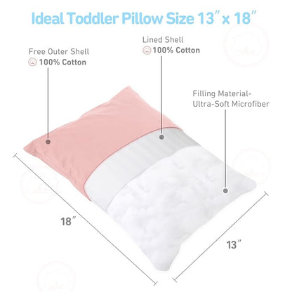 Babebay Toddler Pillow,13X18 Soft Kid Pillow for Sleeping, Machine Washable Toddler Pillow with Cotton Pillowcase, Age 2 to 5 (Pink)