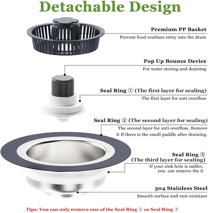 3 in 1 Kitchen Sink Drain Strainer and Stopper Combo, Stainless Steel Pop Up - Image 5
