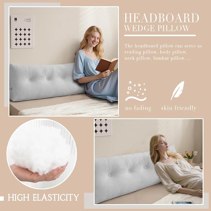 Queen Size Headboard Pillow Wedge Long Backrest Positioning Support for Daybed Wedge Bed Rest Reading Pillow with Side Pockets Bolster Cushion