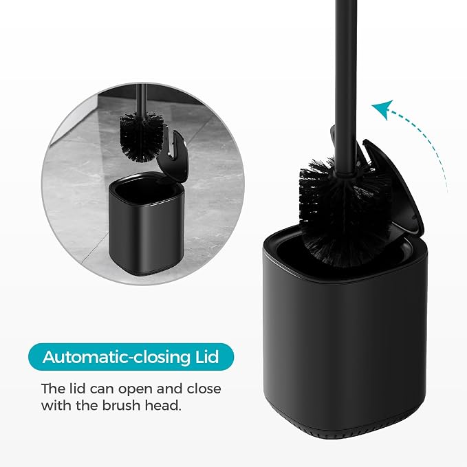Toilet Brush and Holder Set Toilet Bowl Brush Stainless Steel Automatic Open - Image 2