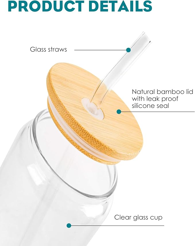 Drinking Glasses with Bamboo Lids and Glass Straw 8PCS Set, 16oz Glass Cups - Image 5