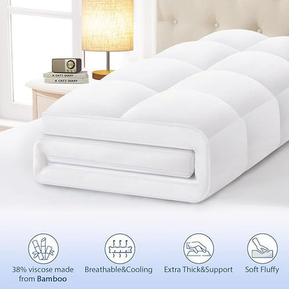ELEMUSE Queen Cooling Bamboo Viscose Mattress Topper for Back Pain, Extra Thick Mattress Pad Cover, Plush Soft Pillowtop with Elastic Deep Pocket, Overfilled Down Alternative Filling