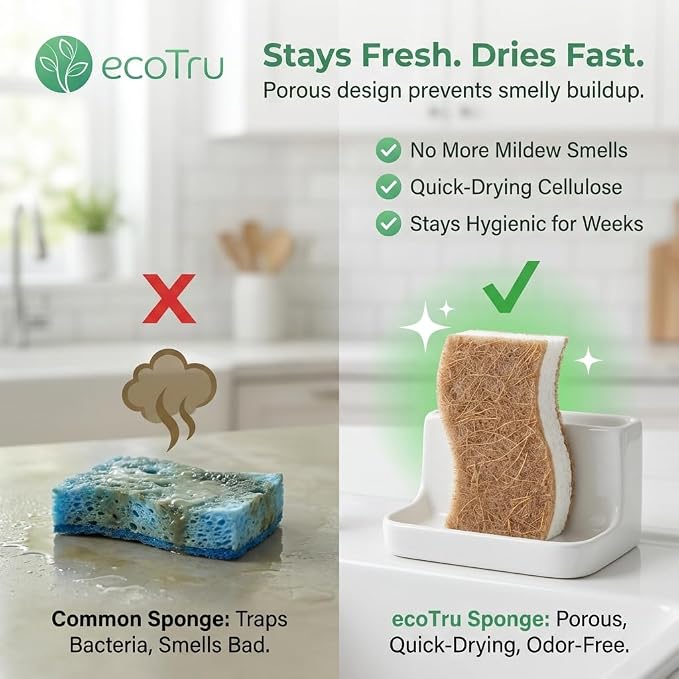 6 Pack Natural Kitchen Sponges, Compostable White Cellulose & Organic Coconut - Image 7