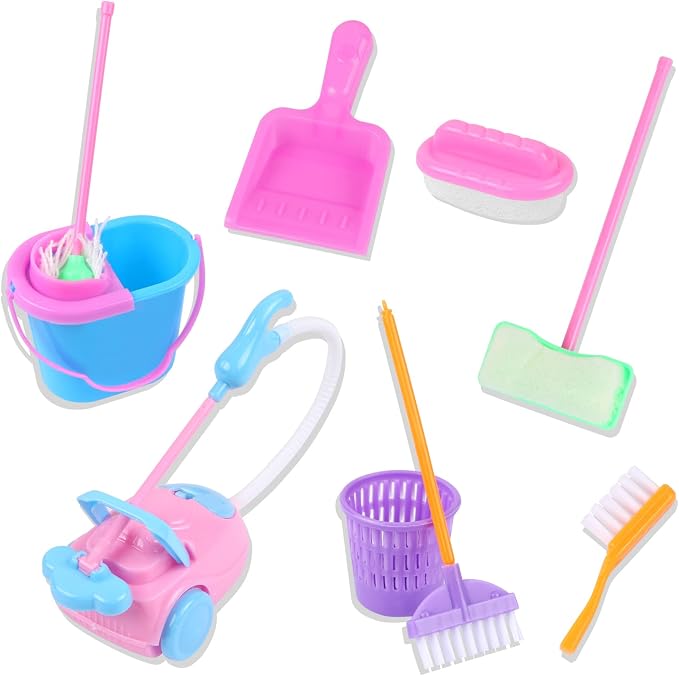 9 Pcs Miniature Dollhouse Cleaning Supplies Mini Bucket Mop Dust Pan Brush by MIKIMIQI