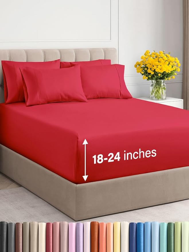 Extra Deep Queen Sheet Set - 6 Piece Breathable and Cooling Sheets - Hotel Luxury Bed Sheets Set - Easy & Secure Fit - Soft, Wrinkle Free and Comfy Sheets Set - Red Sheet Set with Extra Deep Pockets