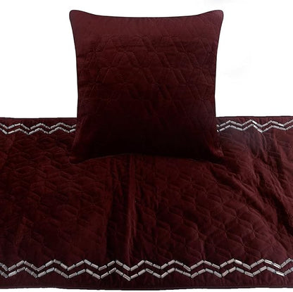 The HomeCentric King Queen Twin Deep Wine Handmade Full 68"x18" Bed Runner with Pillow Cover, Quilted & Crystals Bed Scarf on Velvet Fabric - Diamond Symphony