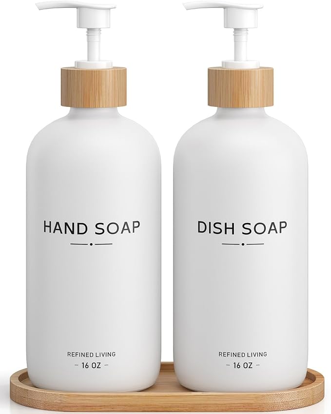 Hand and Dish Soap Dispenser Set, 16oz Glass Bottles by Aeakey