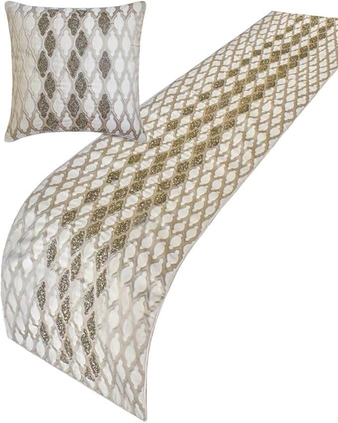 The HomeCentric King/Queen/Twin Ivory Decorative King 90"x18" Bed Runner with Two Pillow Cover, Bead Hand Embroidery Bed Scarf on Jacquard Fabric - Priscilla Dazzle