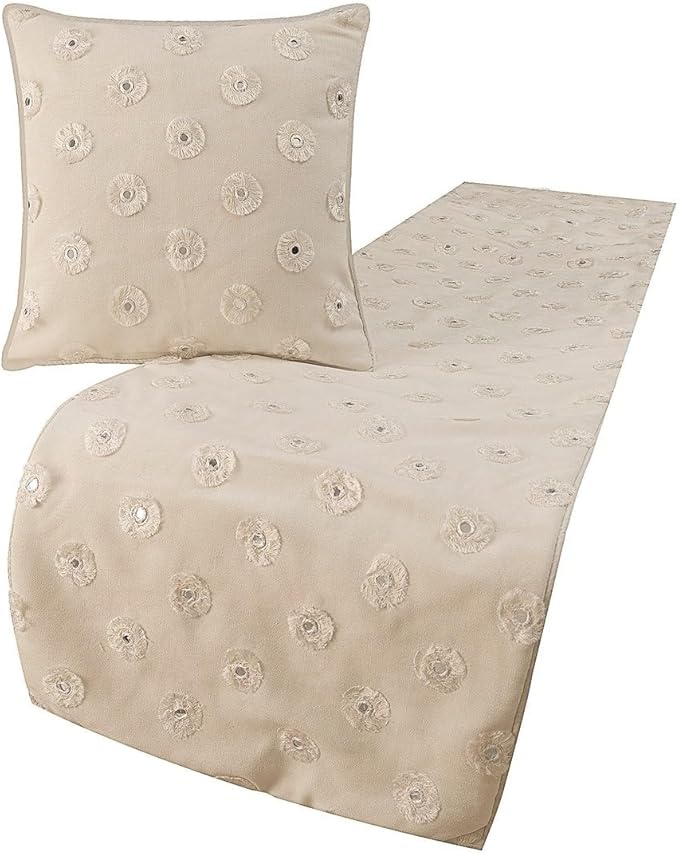 The HomeCentric King Queen Twin White Decorative Twin 53"x18" Bed Runner with 2 Pillow Cover, Mirror Embroidery Bed Scarf on Cotton Fabric - Mirror Lover