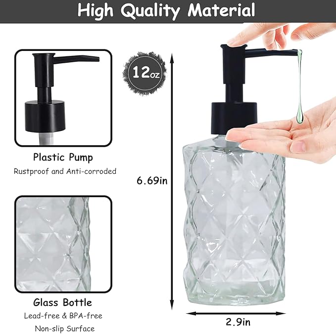 Crystal Glass Soap Dispenser, 12oz Clear Bathroom Hand Dispenser, Lotion - Image 2