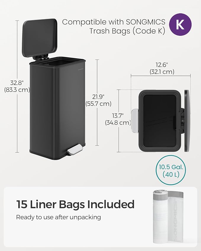 SONGMICS Kitchen Trash Can, 10.5 Gallon Garbage Can, Large Step Trash Bin - Image 7