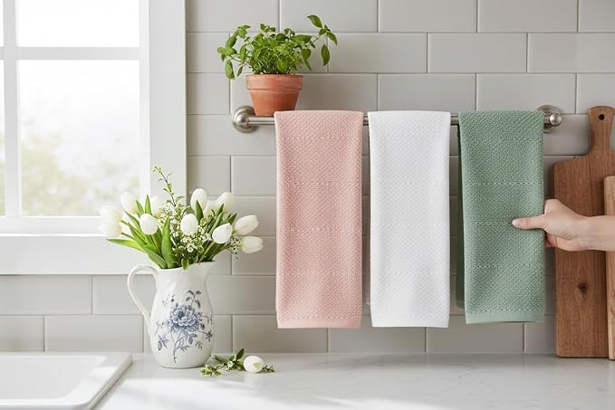 Sage White Light Pink Kitchen Hand Dish Towels: Oversized 28" x 18", 100% - Image 4
