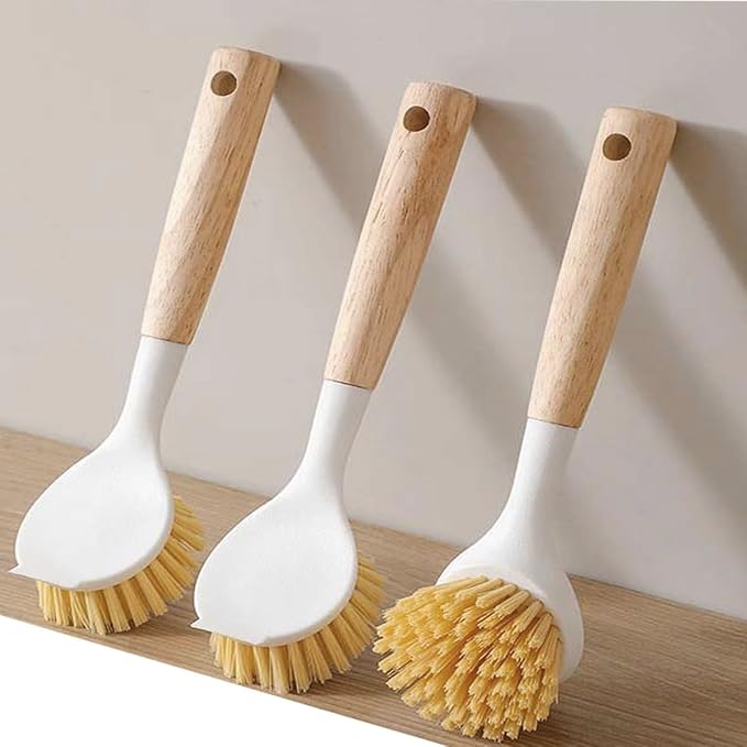 3 Pack Dish Brush Set with Bamboo Handle, Dish Scrubber Built-in Scraper - Image 6
