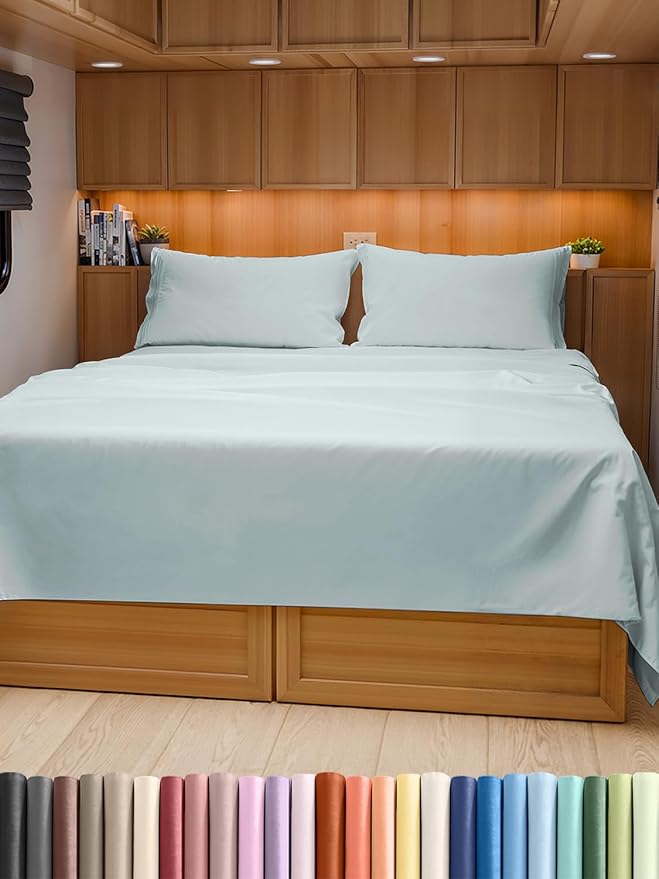 RV Short Queen Sheet Set 60 X 75 - 4 Piece RV Short Queen Bed Sheets - Soft, Breathable and Cooling - Designed for Bunks, Trailers & Campers - Fits 8” to 12" Mattress - Hotel Luxury Bedding - Ice Blue