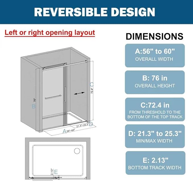 Frameless Sliding Shower Door 56–60" W x 76" H, 5/16" Tempered Glass - Image 2