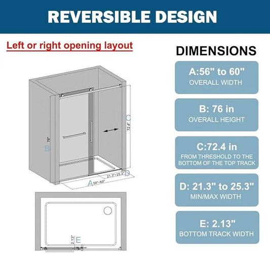 Frameless Sliding Shower Door 56–60" W x 76" H, 5/16" Tempered Glass - Image 2