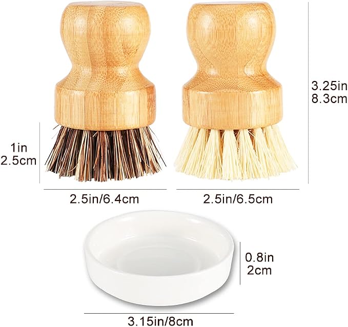 Bamboo Dish Brush with Ceramic Dish, Natural Bristle Palm Brush Pot Scrubber - Image 4