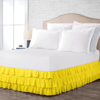Multi-Ruffle Bed Skirt, Soft Multi Elastic Dust Ruffles with Wrap Around Bed Skirt Easy Fit with 18 Inch Drop 100% Cotton 800 Thread Count (Full XXL, Yellow)