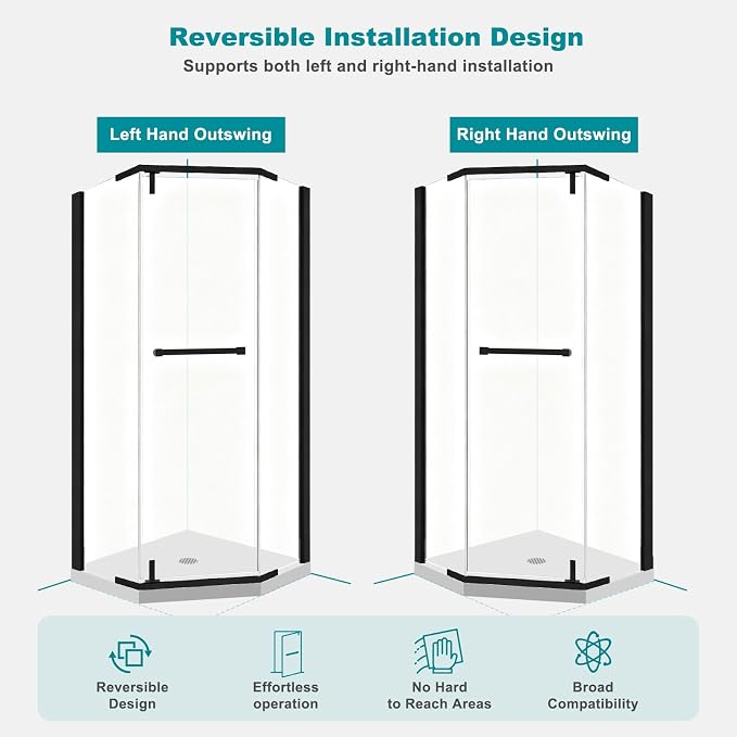 36" D x 36" W x 72" H Neo-Angle Frameless Shower Door, 1/4” SGCC Tempered Glass - Image 8
