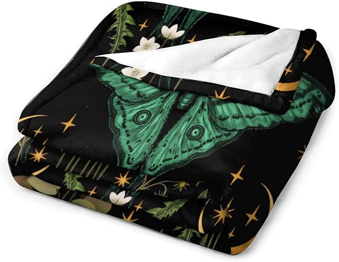 Moon Phase Moth Blanket, Vintage Botanical Mushroom Wildflower Gothic Night Moonlit Mysterious Witchy Throws Blanket for Sofa Bed Couch Chair, 40"x50"