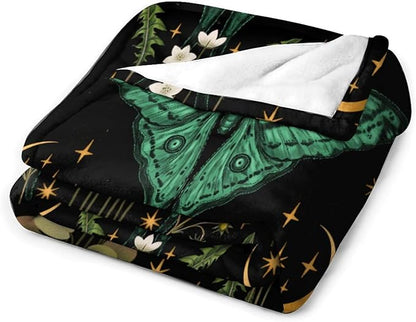 Moon Phase Moth Blanket, Vintage Botanical Mushroom Wildflower Gothic Night Moonlit Mysterious Witchy Throws Blanket for Sofa Bed Couch Chair, 40"x50"