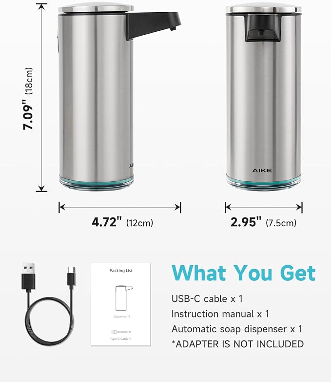 AIKE SensePro Automatic Soap Dispenser Type-C Rechargeable, Brushed Stainless - Image 3