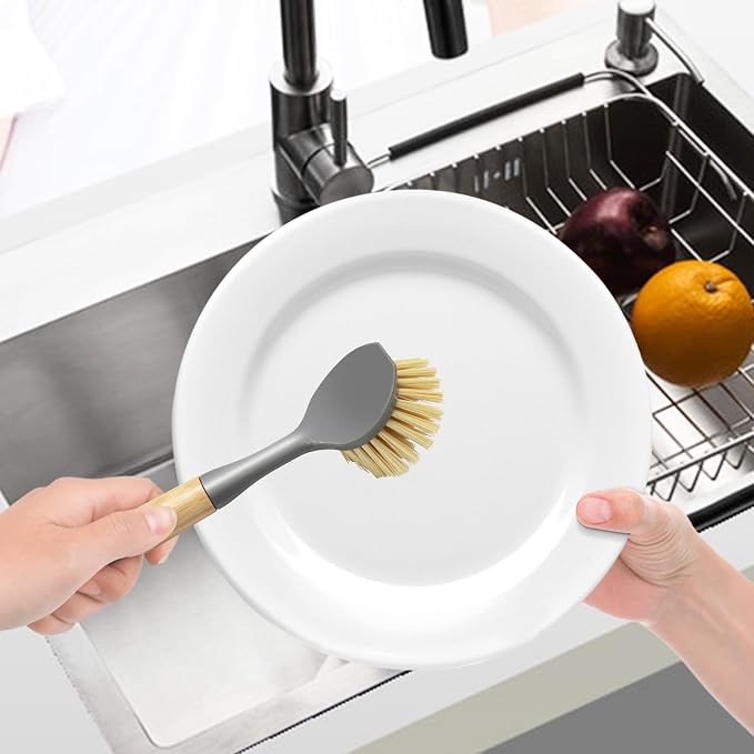 2 Pcs Kitchen Scrub Brush with Bamboo Handle, Dishwashing Brush Built-in Scraper - Image 6
