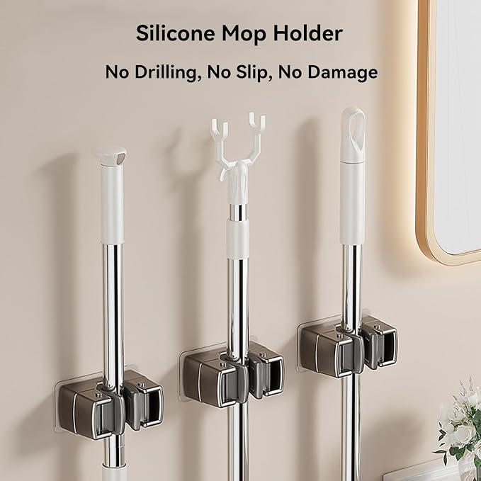 3 Pack Heavy Duty Mop Holder Wall Mount, Strong Adhesive Hanger - Image 6