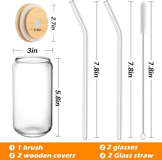Drinking Glasses with Bamboo Lids and Glass Straw 2PCS Set, 16oz Glass Cups - Image 8