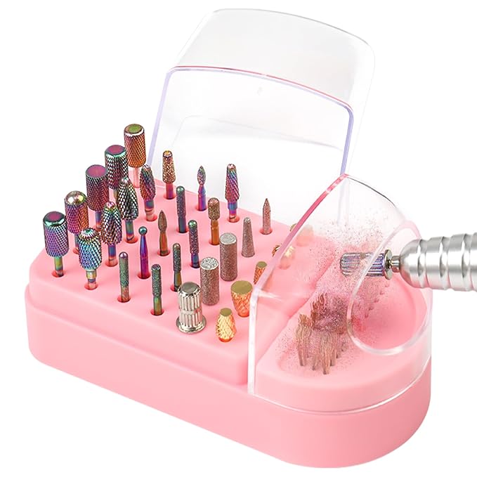 Nail Drill Bits Holder 2 in 1 Nail Drill Bits Cleaning Brush Case, 30 Holes by YINGJEE