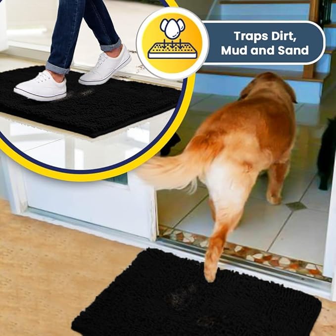 Muddy Mat® Original Dog Door Mat for Muddy Paws, Super Absorbent Microfiber, Non-Slip Washable Pet Rug, Quick Dry Chenille Entryway Carpet, Machine Washable Indoor Outdoor mat, Black 24"x120"