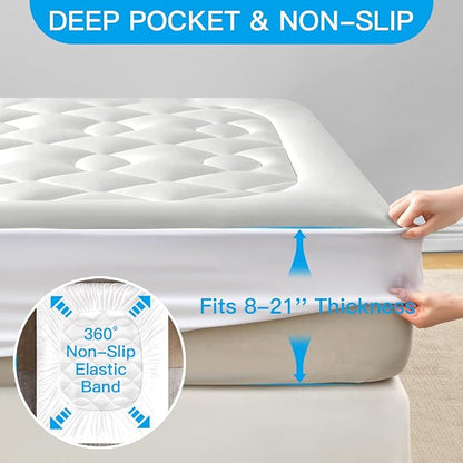 Cooling Mattress Topper Queen Size - Pillow Top Mattress Pad for Hot Sleepers - Breathable Ultra Soft Mattresses Protector with 8-21 Inch Deep Pocket (60x80 inch, Pearl White)