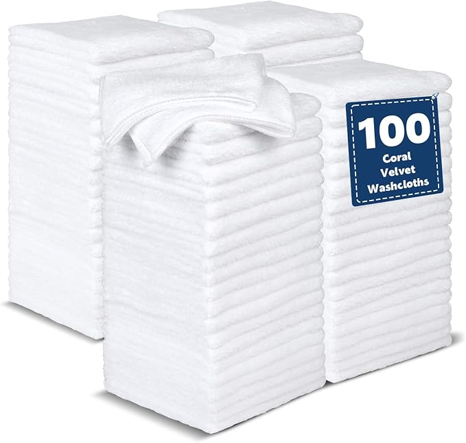 Coral Velvet Washcloths Bulk -100 Pack, Highly Absorbent and Soft White Face by TEAWOO