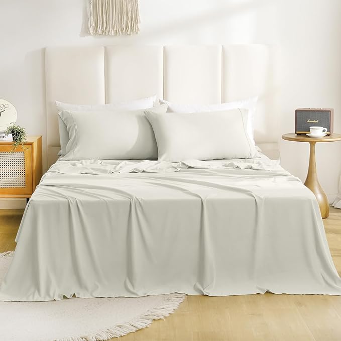 Silky Soft King Sheet Set - Luxury 4 Piece Breathable Cooling Sheets for King Size Bed, 16" Deep Pocket Easy Care Wrinkle Free Bedding Sheet and Pillowcase Set, Ivory