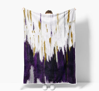 Abstract Ombre Throw Blankets, Modren Chic Art Oil Painting Cozy Warm Bed Couch Blanket, Purple Gold White Fleece Flannel Throws to Decorate The Room and Bedroom