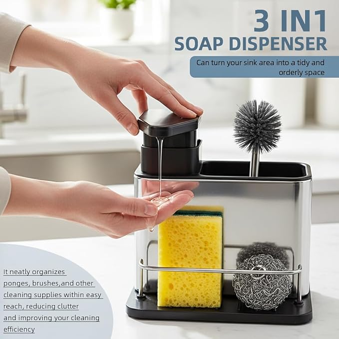 Soap Dispenser for Kitchen Sink, Stainless Steel 3-in-1 Sponge Holder for - Image 3