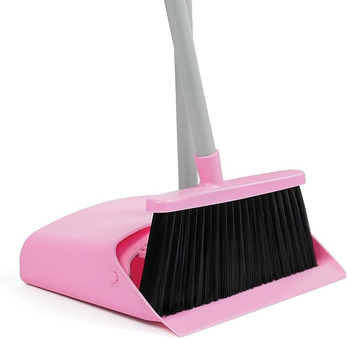 Pink Broom and Dustpan Set, 58” Long Adjustable Handle Small Broom by REEWII