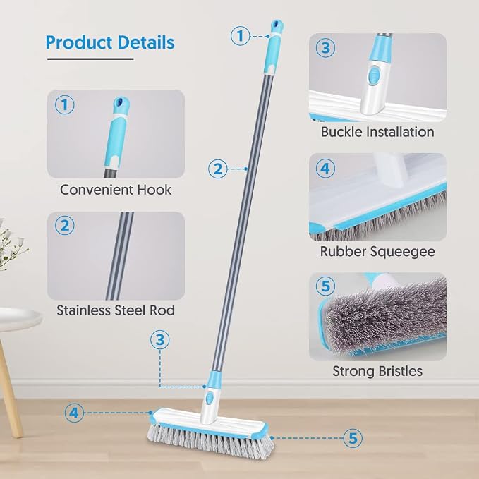 Floor Scrubber with Long Handle, 2 in 1 Scrubbing Brush Stiff Bristle Shower - Image 4