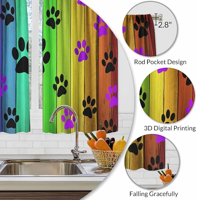 Dog Paws Kitchen Curtains Cute Puppy Paws Colorful Wood Board Short Tier - Image 3