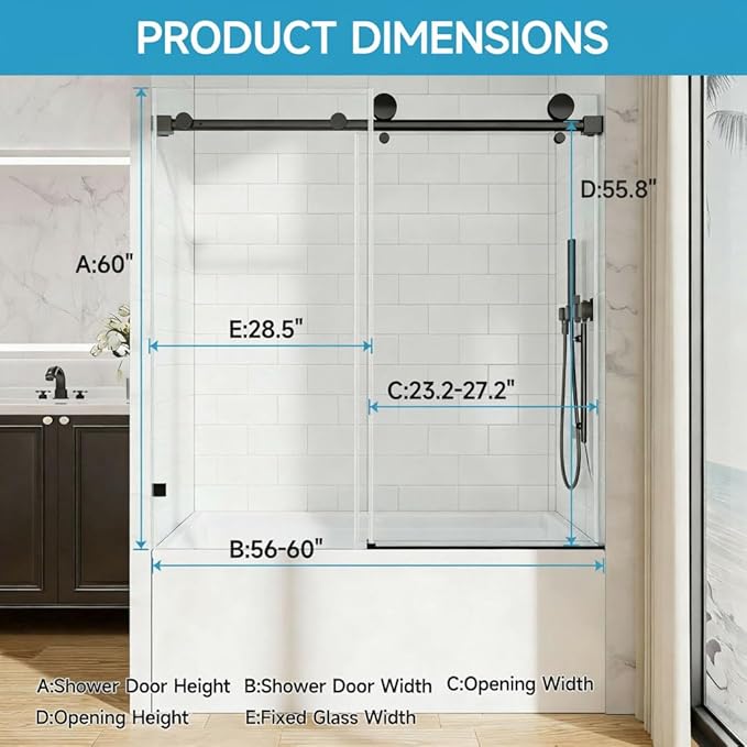 56-60" W x 60" H Frameless Bathtub Sliding Door, 5/16" Tempered Glass Tub - Image 2