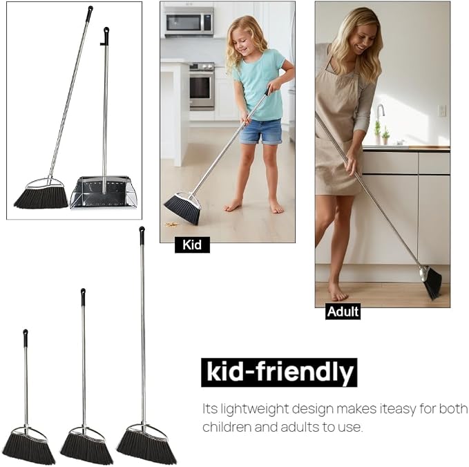 Indoor Broom and Dustpan Comb Set, Heavy Duty Stainless Steel Metal Dust Pan - Image 3