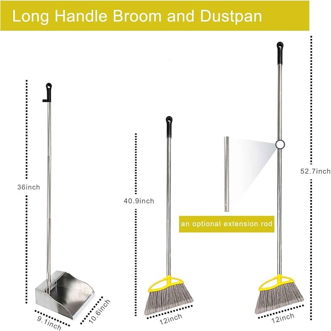 Stainless Steel Dustpan with Outdoor Stiff Bristles Broom, Long Handle Metal - Image 2