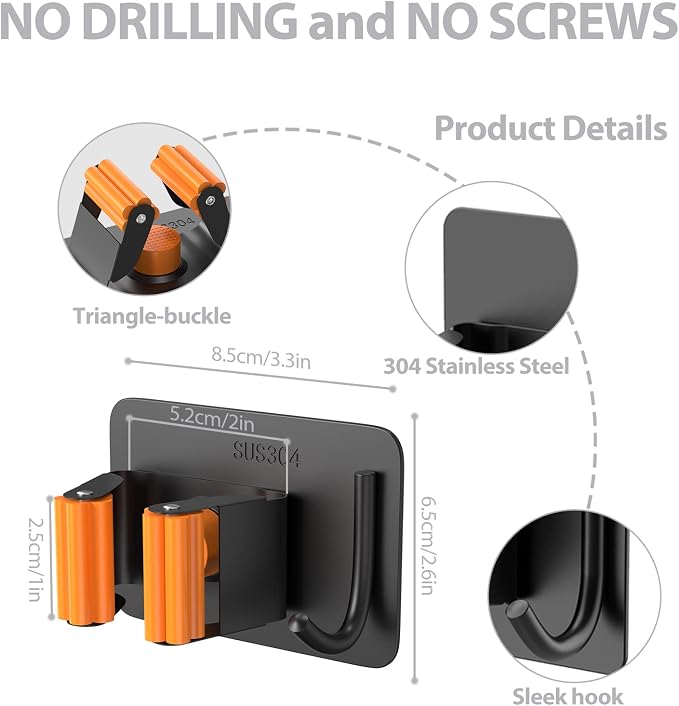 Mop Broom Holder No Drill, Mop Broom Organizer Wall Mounted Heavy Duty - Image 5