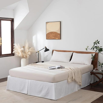 Twin Bed Skirt, Wrap Around Bed Skirt with Pleated Corner, 18 Inch Drop Pleated Waffle Weave Bedskirts, Anti-Slip, Microfiber, White, 18'' Twin