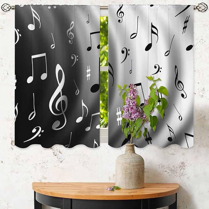 Modern Kitchen Curtains Black and White Music Notes Dancing Short Tier Curtains - Image 6